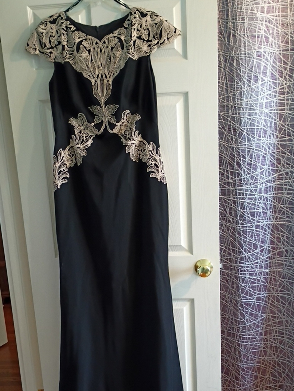 Tadashi Shoji Black Maxi Gown with Ivory Lace Appliqué